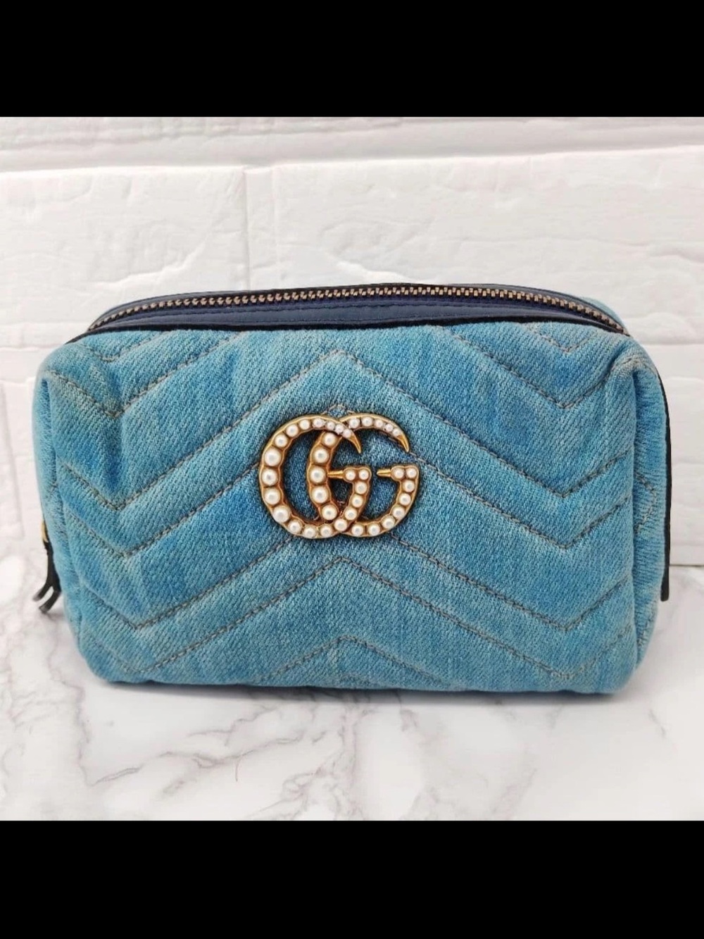 Gucci Light Blue Quilted Denim GG Pearl Cosmetic Case